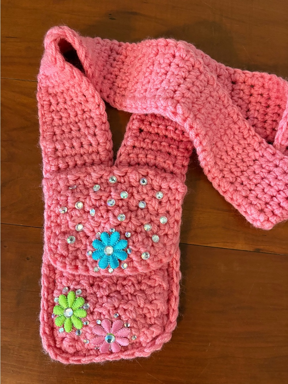 Crochet Flower Phone Purse Pink Rhinestone Crossbody Bag